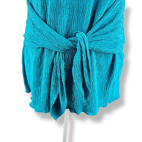 Y2K 2000s Teal Blue Crinkle Tunic Top Womens Size Medium Tie Waist Vibrant USA - Picture 5 of 16